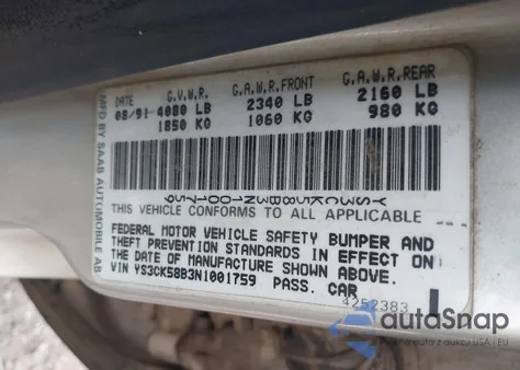 1992 Saab 9000 S z USA, uszkodzony, nr VIN YS3CK58B3N1001759